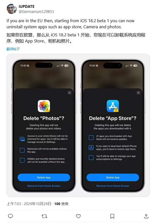 昭阳苹果手机维修分享iOS 18.2 支持删除 App Store 应用商店 